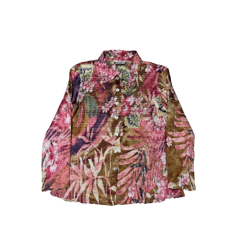 Alberto Makali Pink Floral Crinkle Textured Button Down Blouse Womens M Tropical